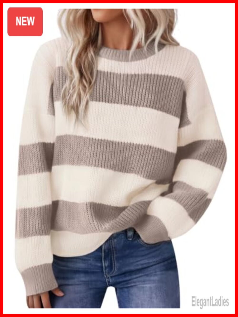 Womens Color Block Striped Sweater Pullover Knit Long Sleeve